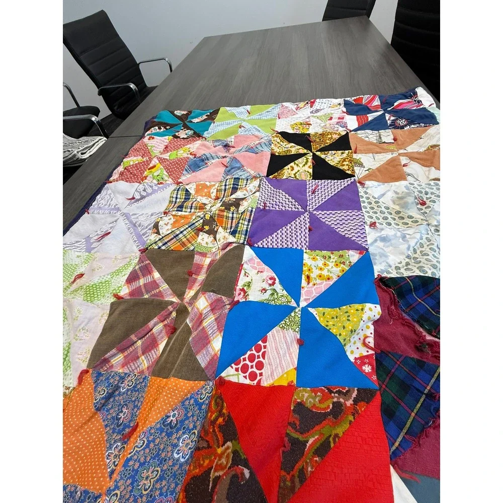 Vintage Handmade Patchwork Pinwheel Quilt Multi Color Scrappy Folk Art 78x65